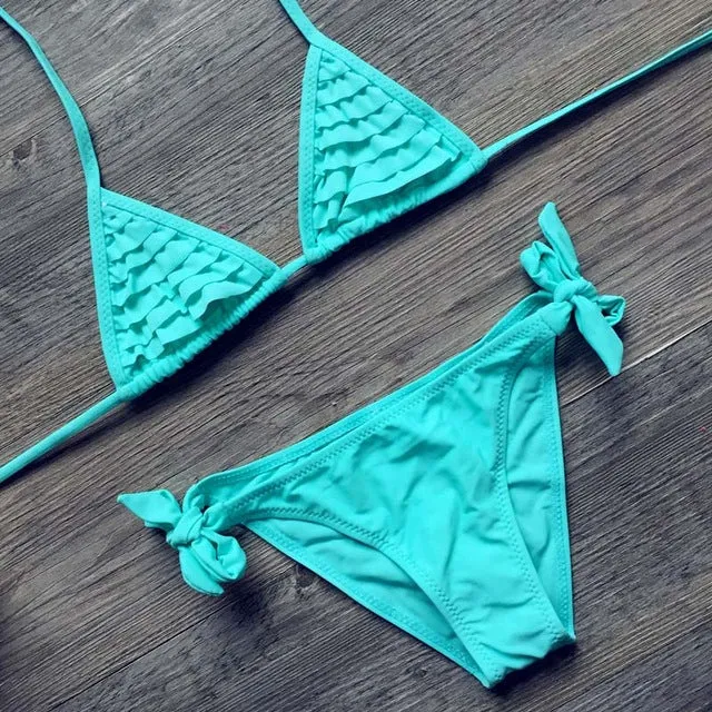 4 color brand 2016 Summer girls swimwear soild baby kids swimwear biquini infantil swimsuits falbala bikini girl for 6-14years