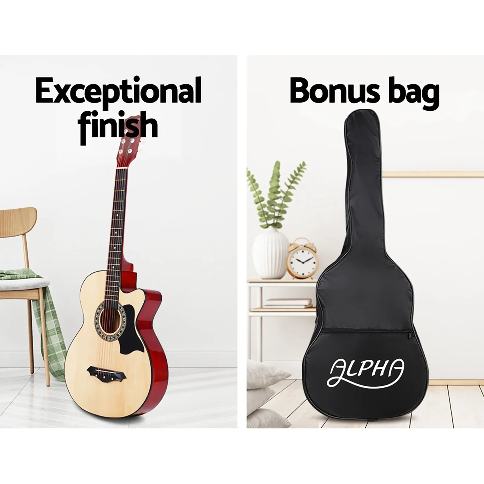 ALPHA 38 Inch Wooden Acoustic Guitar with Accessories set Natural Wood
