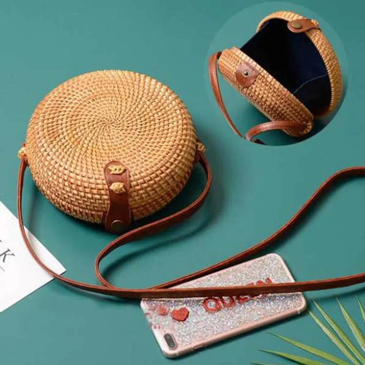 Delicate Round Autumn Rattan Handmade Rattan Bag  Vintage Art Beach Ladies Diagonal Bag, Size:18x18x6cm