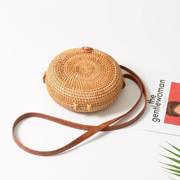 Delicate Round Autumn Rattan Handmade Rattan Bag  Vintage Art Beach Ladies Diagonal Bag, Size:18x18x6cm