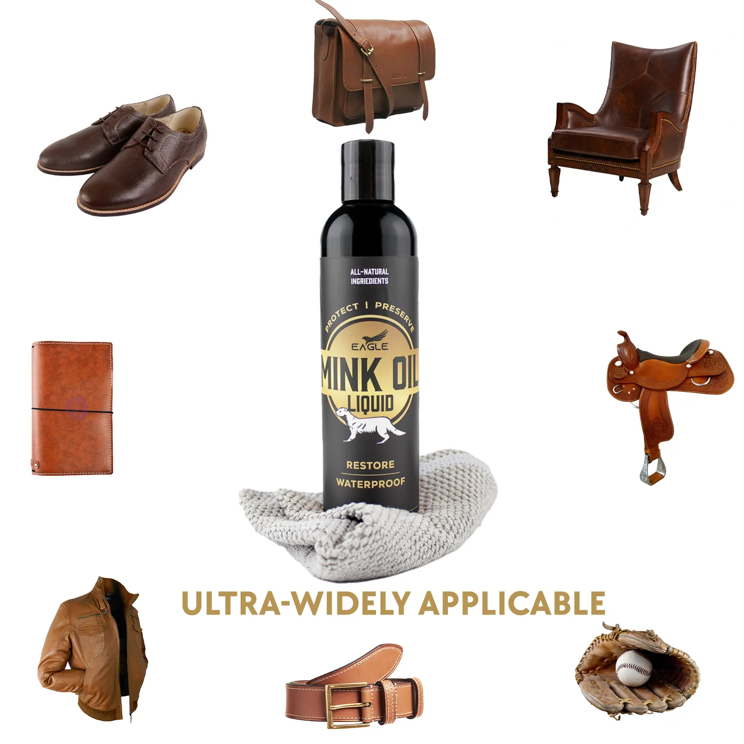Eagle Mink Oil Liquid Leather Conditioner 8oz with Cloth Applicator - Softens, Preserves, and Waterproofs Leather and Vinyl