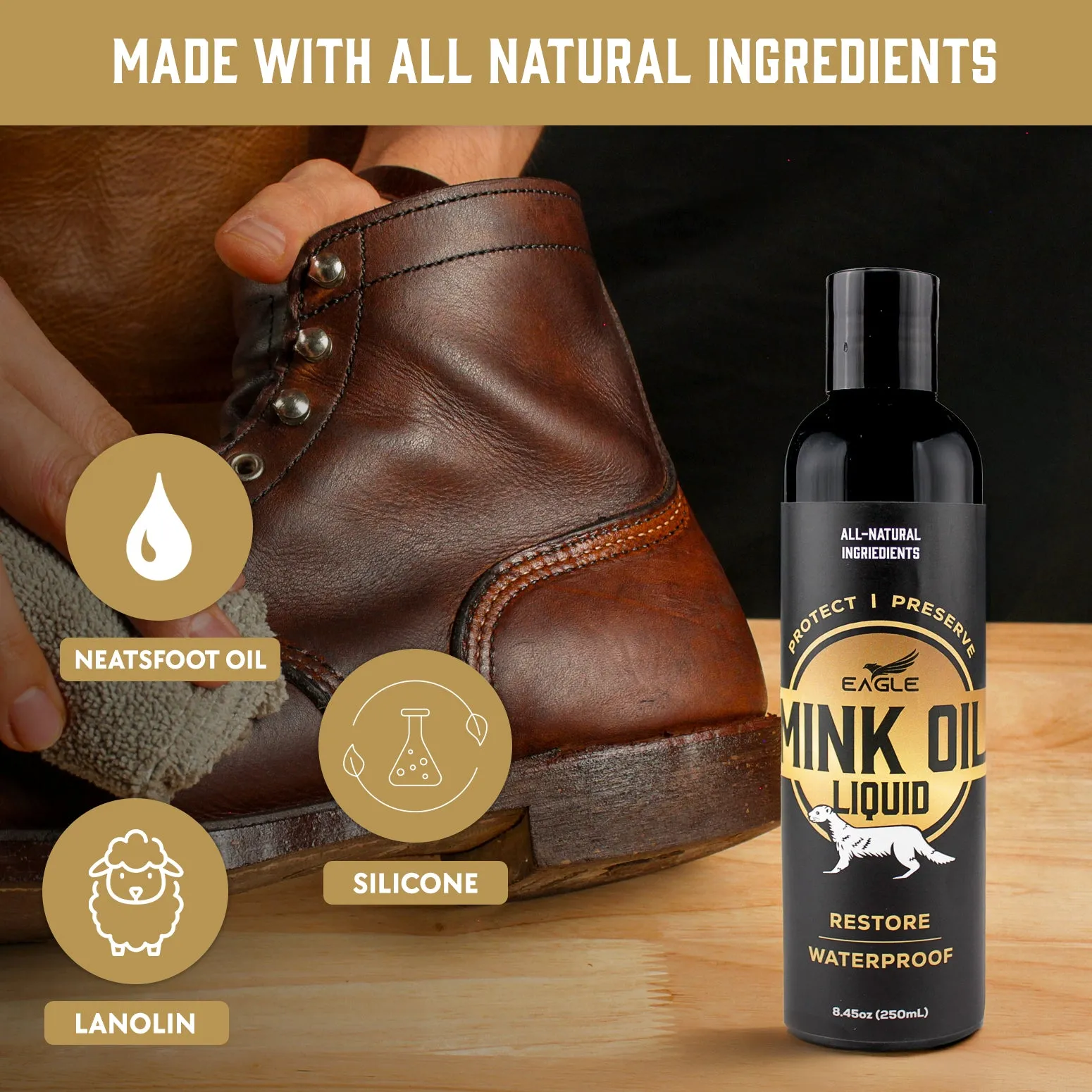 Eagle Mink Oil Liquid Leather Conditioner 8oz with Cloth Applicator - Softens, Preserves, and Waterproofs Leather and Vinyl