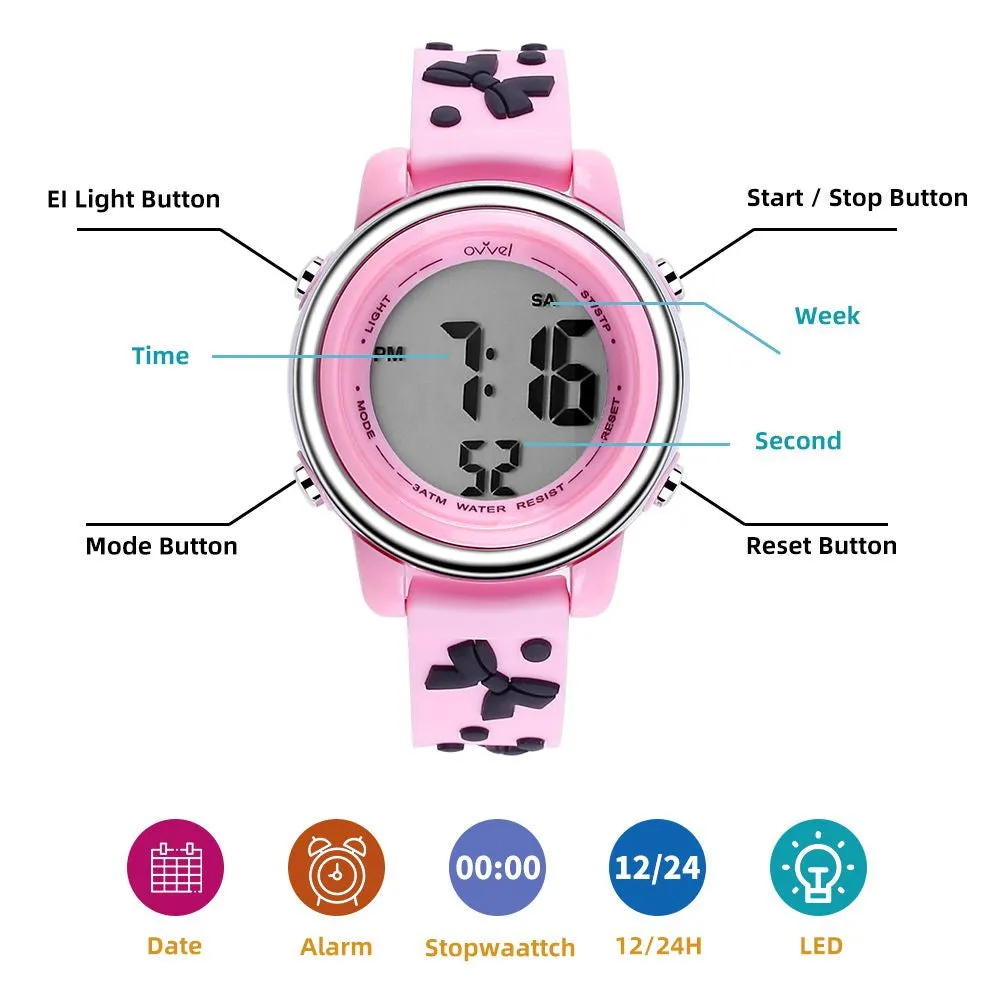 Girls Digital Sports Watch with many features - Pink Band with Black Bows