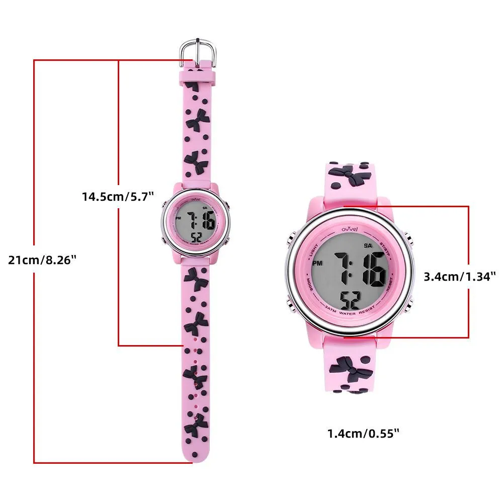 Girls Digital Sports Watch with many features - Pink Band with Black Bows
