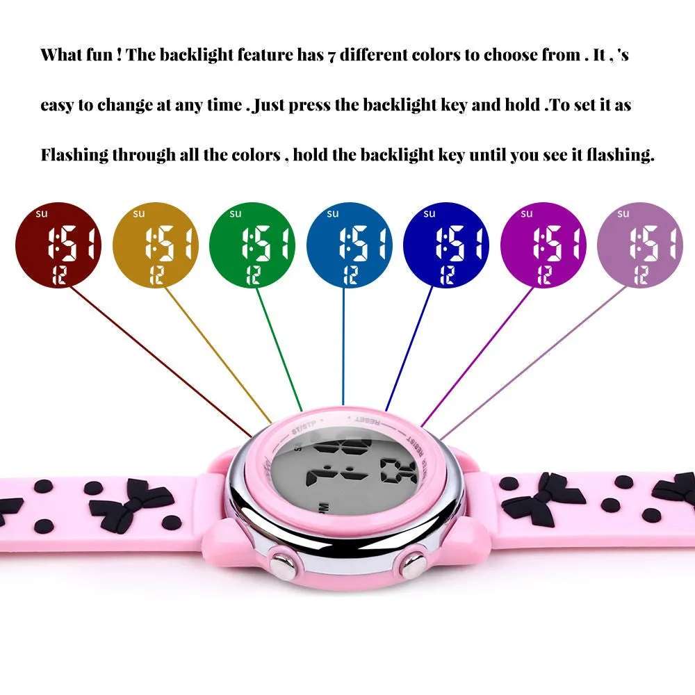 Girls Digital Sports Watch with many features - Pink Band with Black Bows