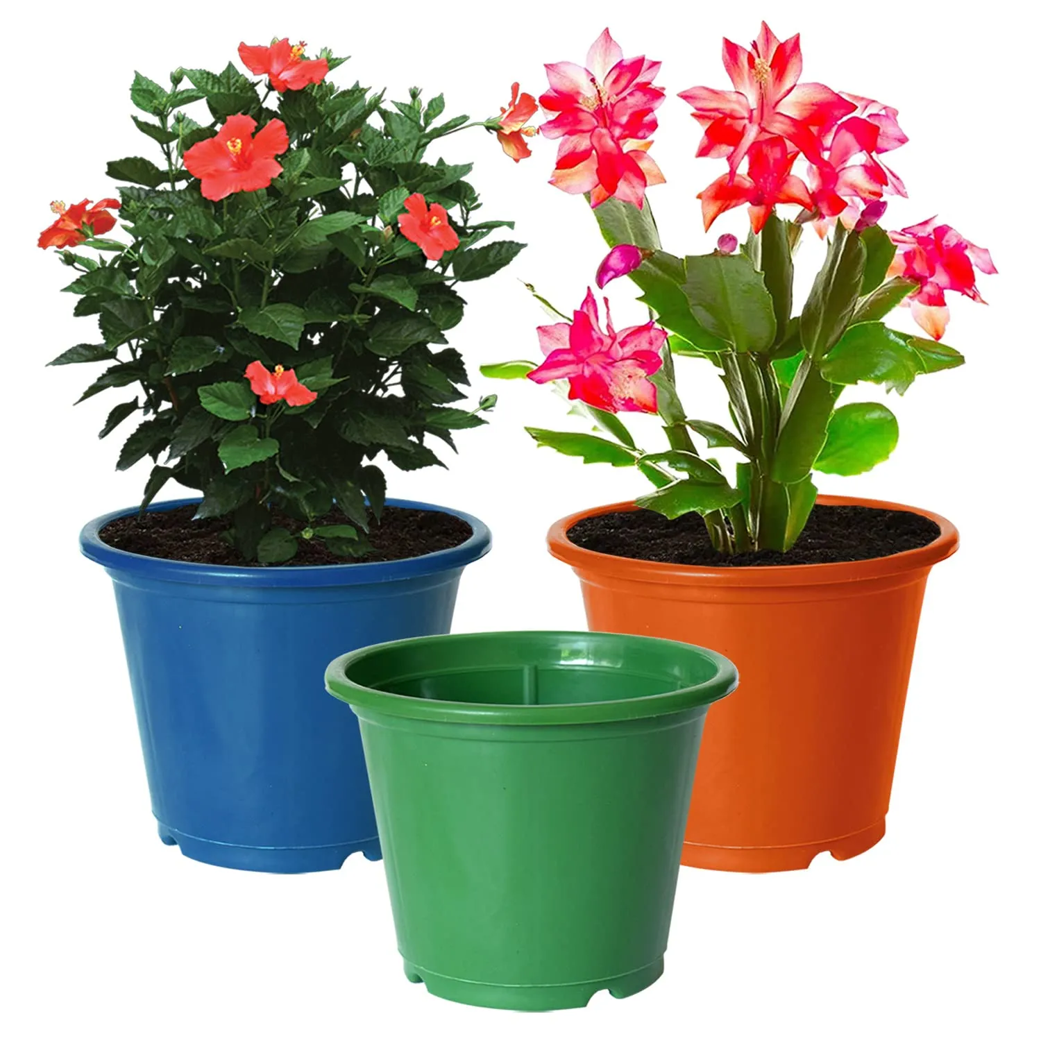 Kuber Industries Plastic Planters|Gamla|Flower Pots for Garden Nursery Home Décor,8"x6",Pack of 3 (Blue,Orange,Green)