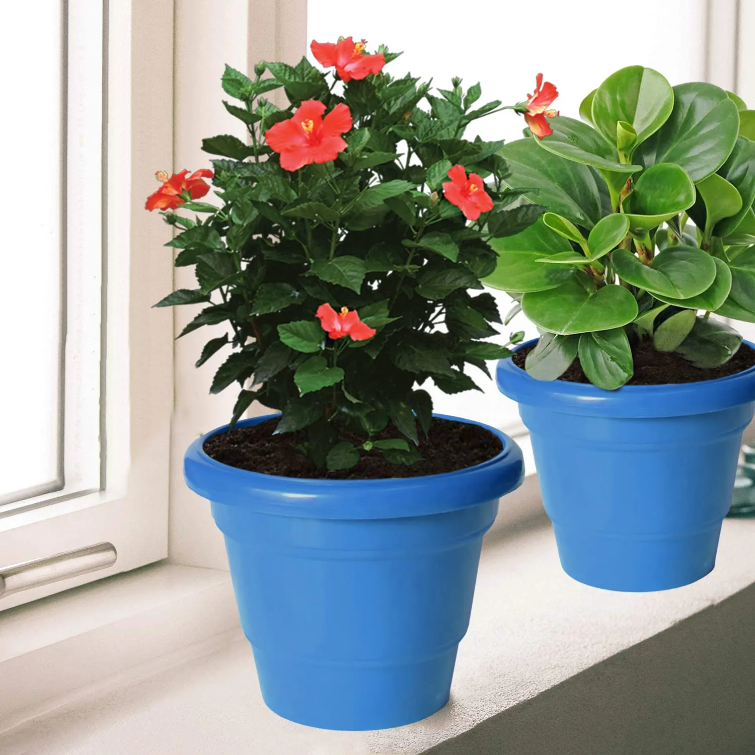 Kuber Industries Solid 2 Layered Plastic Flower Pot|Gamla for Home Decor,Nursery,Balcony,Garden,6"x5",Pack of 10 (Blue)