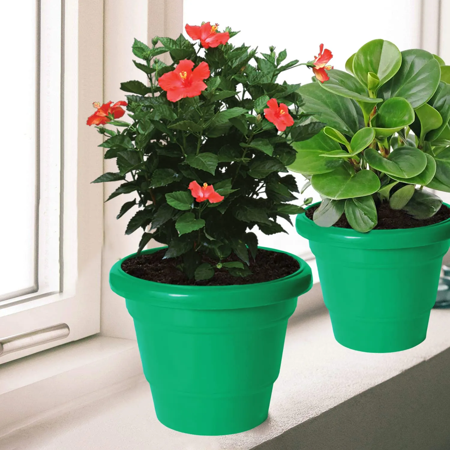 Kuber Industries Solid 2 Layered Plastic Flower Pot|Gamla for Home Decor,Nursery,Balcony,Garden,8"x 6",Pack of 4 (Green)