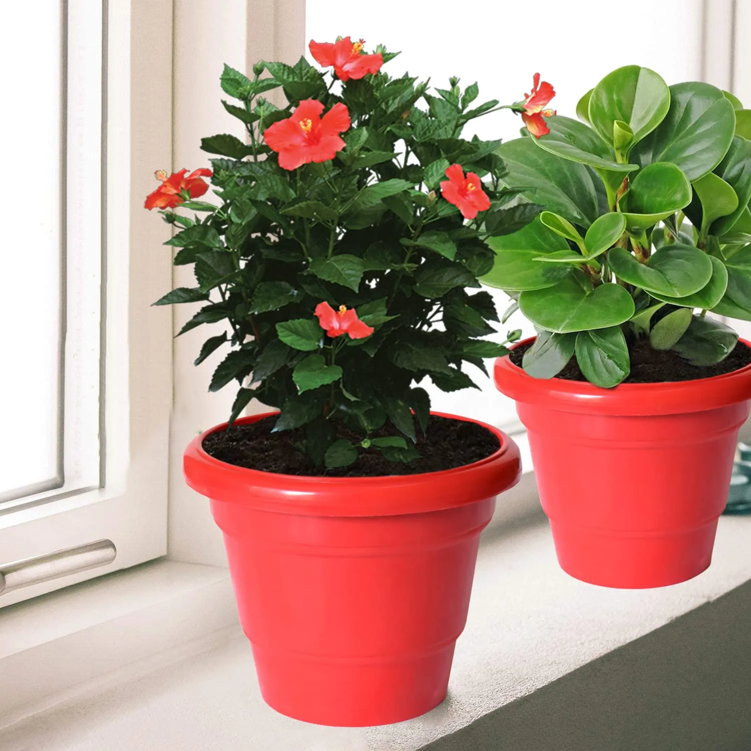 Kuber Industries Solid 2 Layered Plastic Flower Pot|Gamla for Home Decor,Nursery,Balcony,Garden,8"x 6",Pack of 5 (Red)