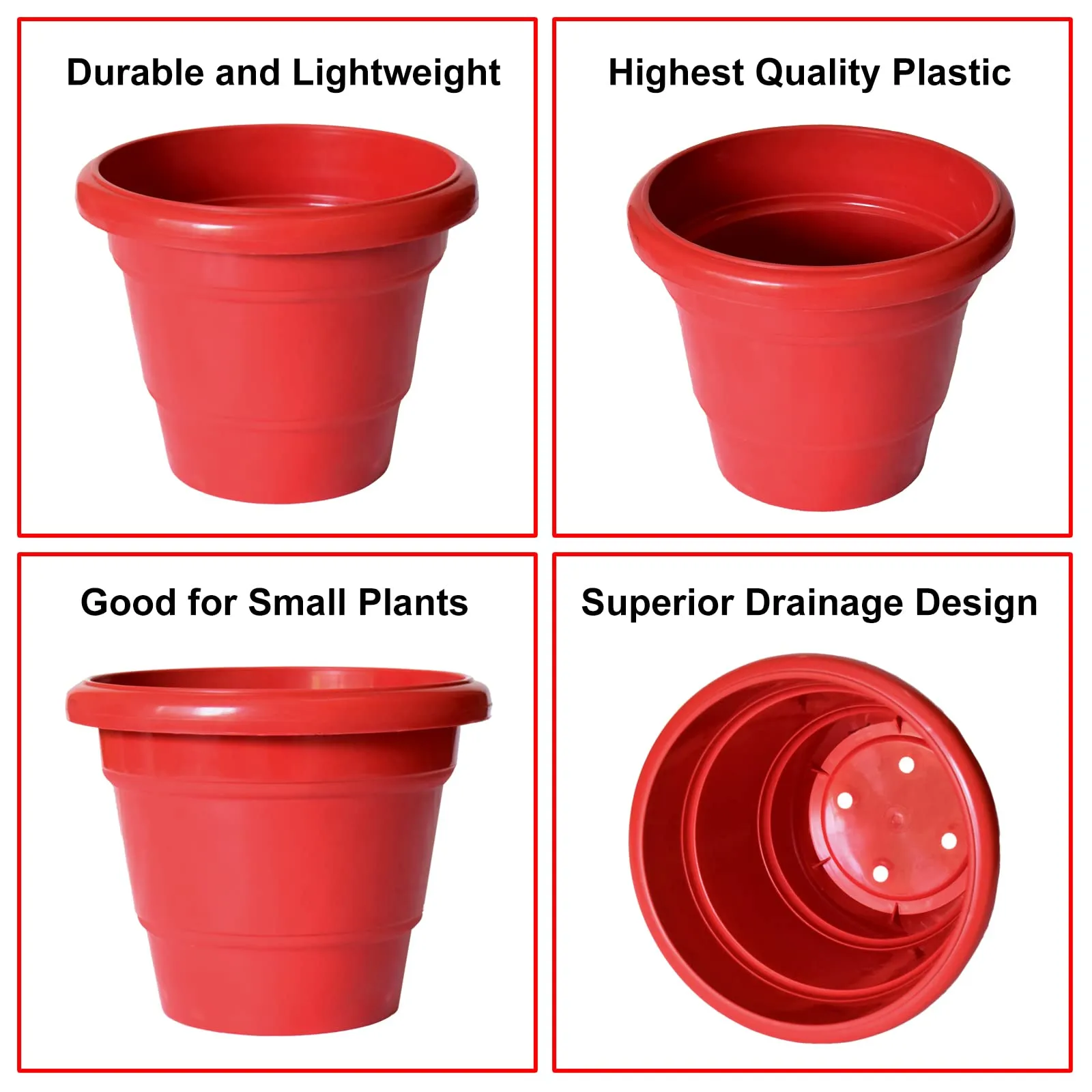 Kuber Industries Solid 2 Layered Plastic Flower Pot|Gamla for Home Decor,Nursery,Balcony,Garden,8"x 6",Pack of 5 (Red)