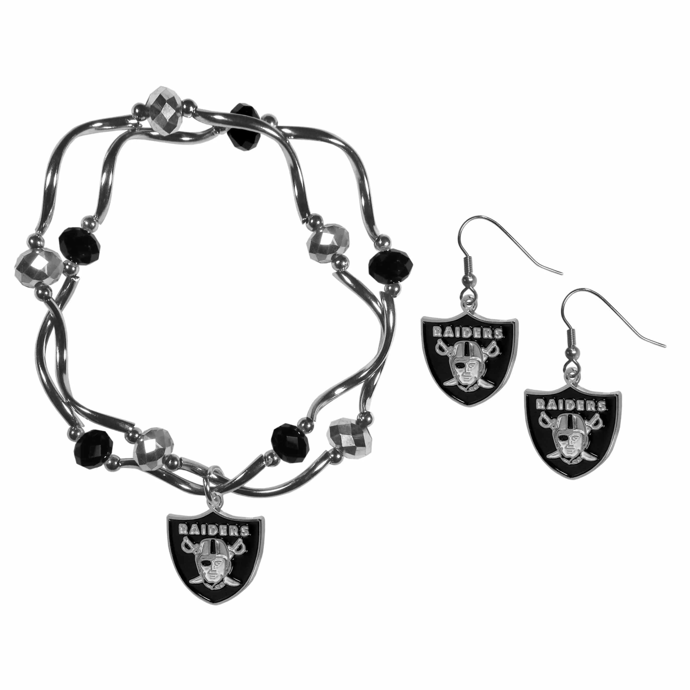 Las Vegas Raiders Dangle Earrings and Crystal Bead Bracelet Set