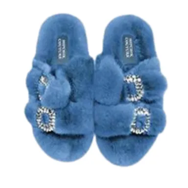 Luxe Mink Slide Sandals with Crystal Buckle - Denim