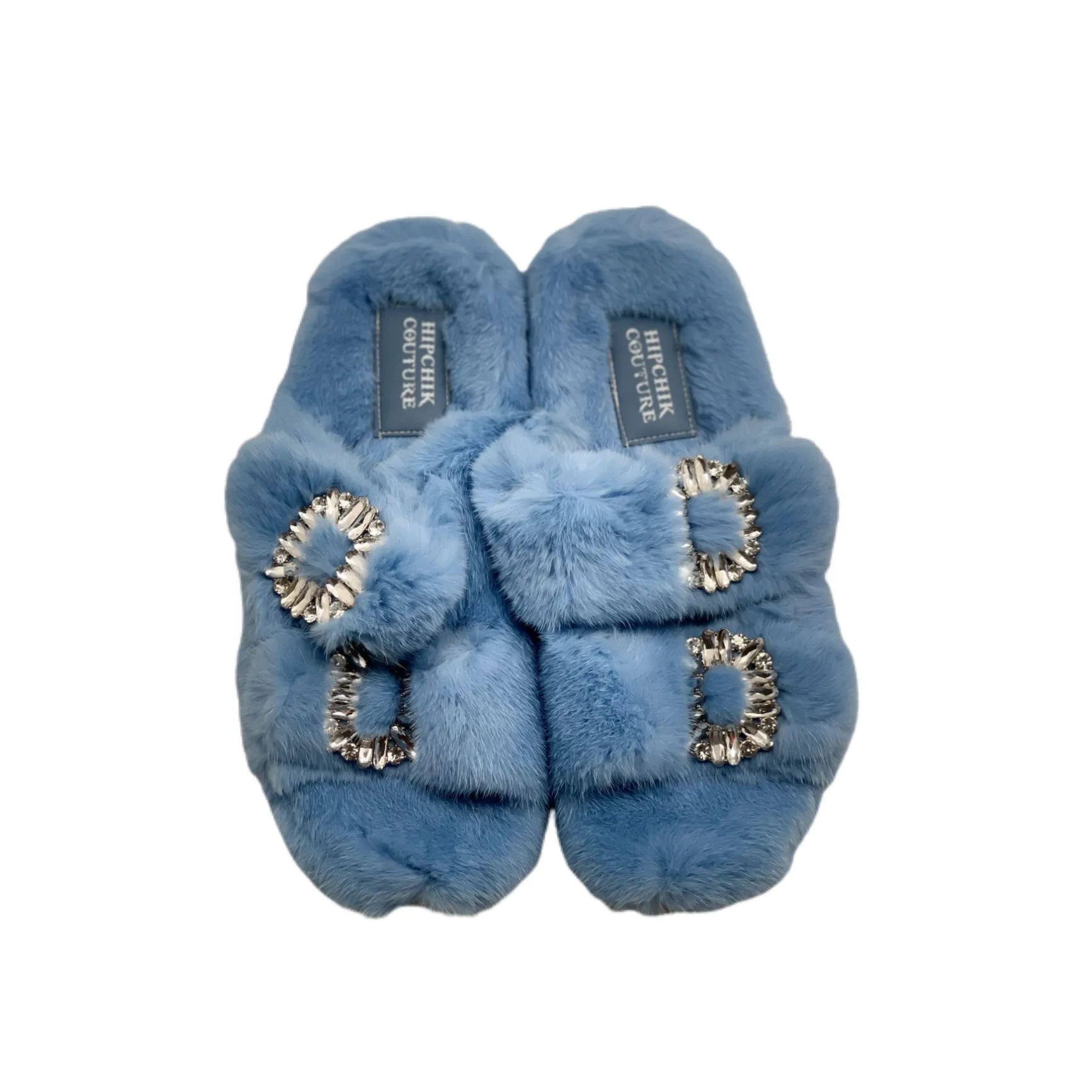 Luxe Mink Slide Sandals with Crystal Buckle - Denim