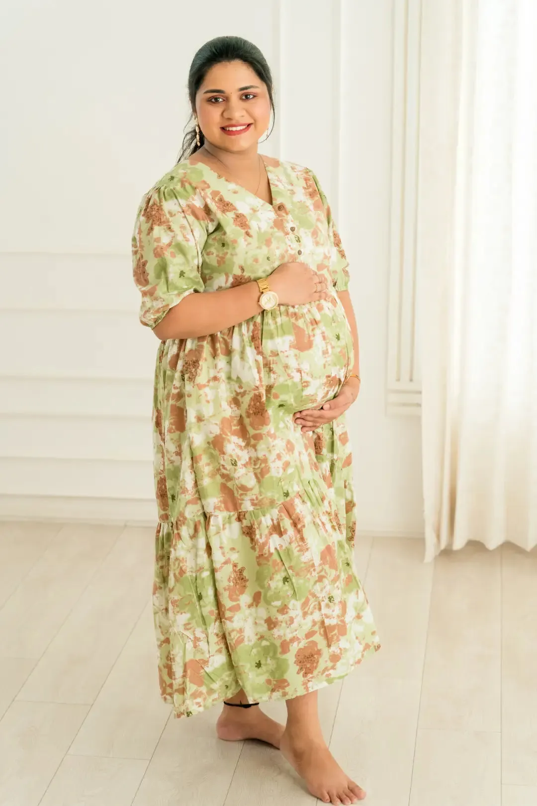 Rust Green Maternity Feeding Dress