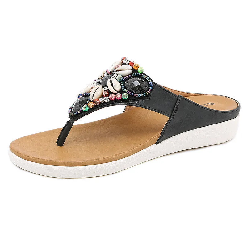 Vanccy Ethnic Beach Bohemian Retro Beaded Shell Sandals