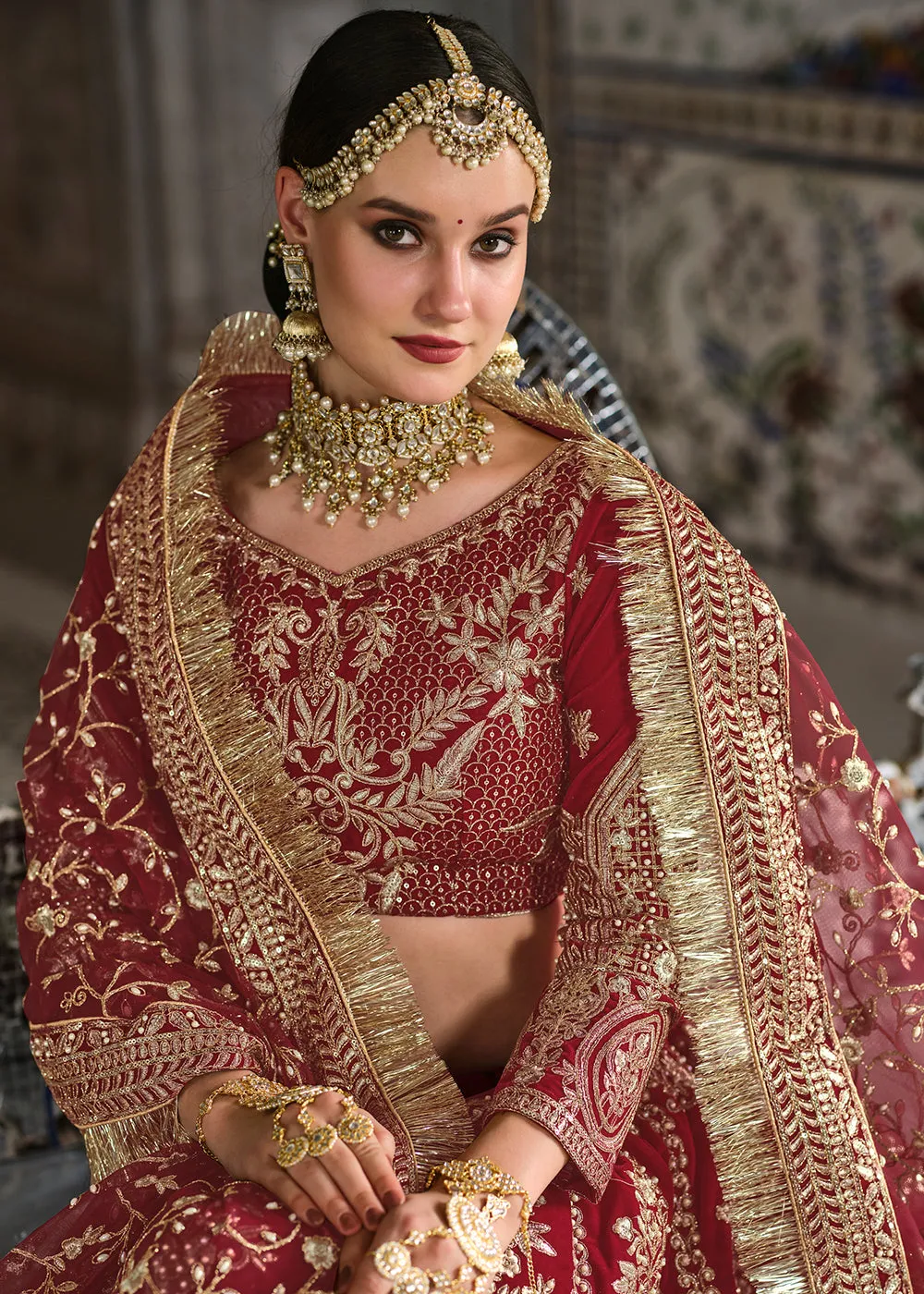 Velvet Maroon Zarkan Embroidered Bridal Lehenga Choli