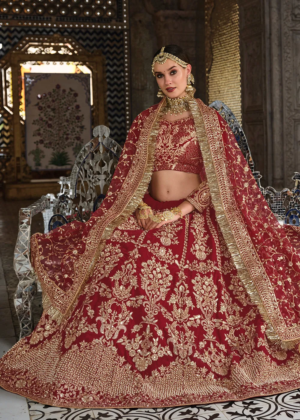 Velvet Maroon Zarkan Embroidered Bridal Lehenga Choli