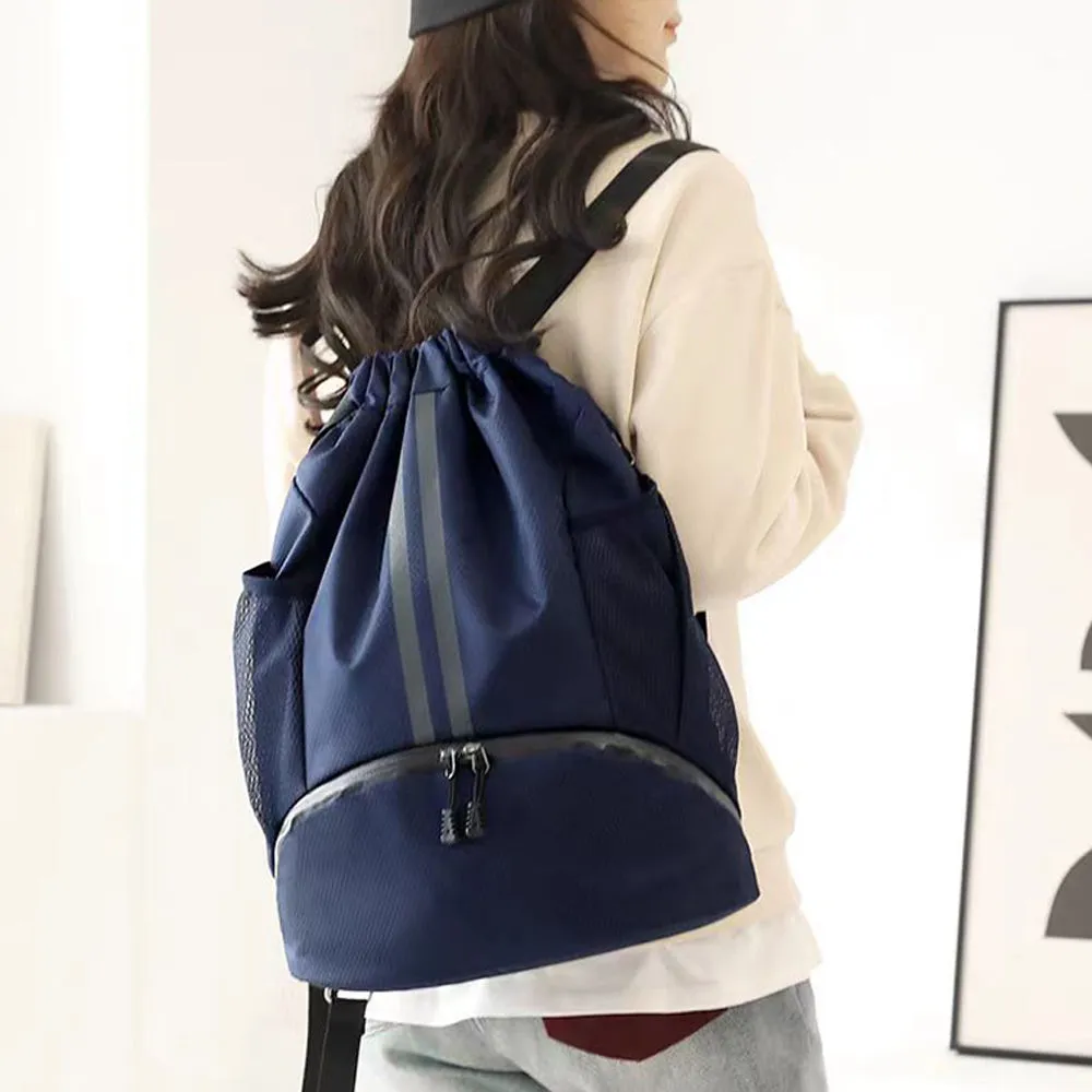 Water Resistant Drawstring Backpack Sports Gym Sackpack with Shoe Compartment Navy Blue