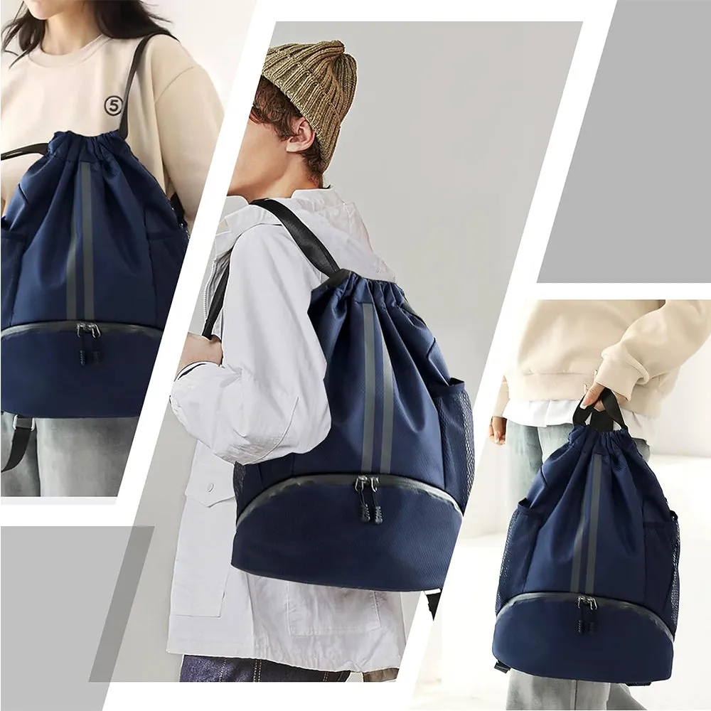 Water Resistant Drawstring Backpack Sports Gym Sackpack with Shoe Compartment Navy Blue